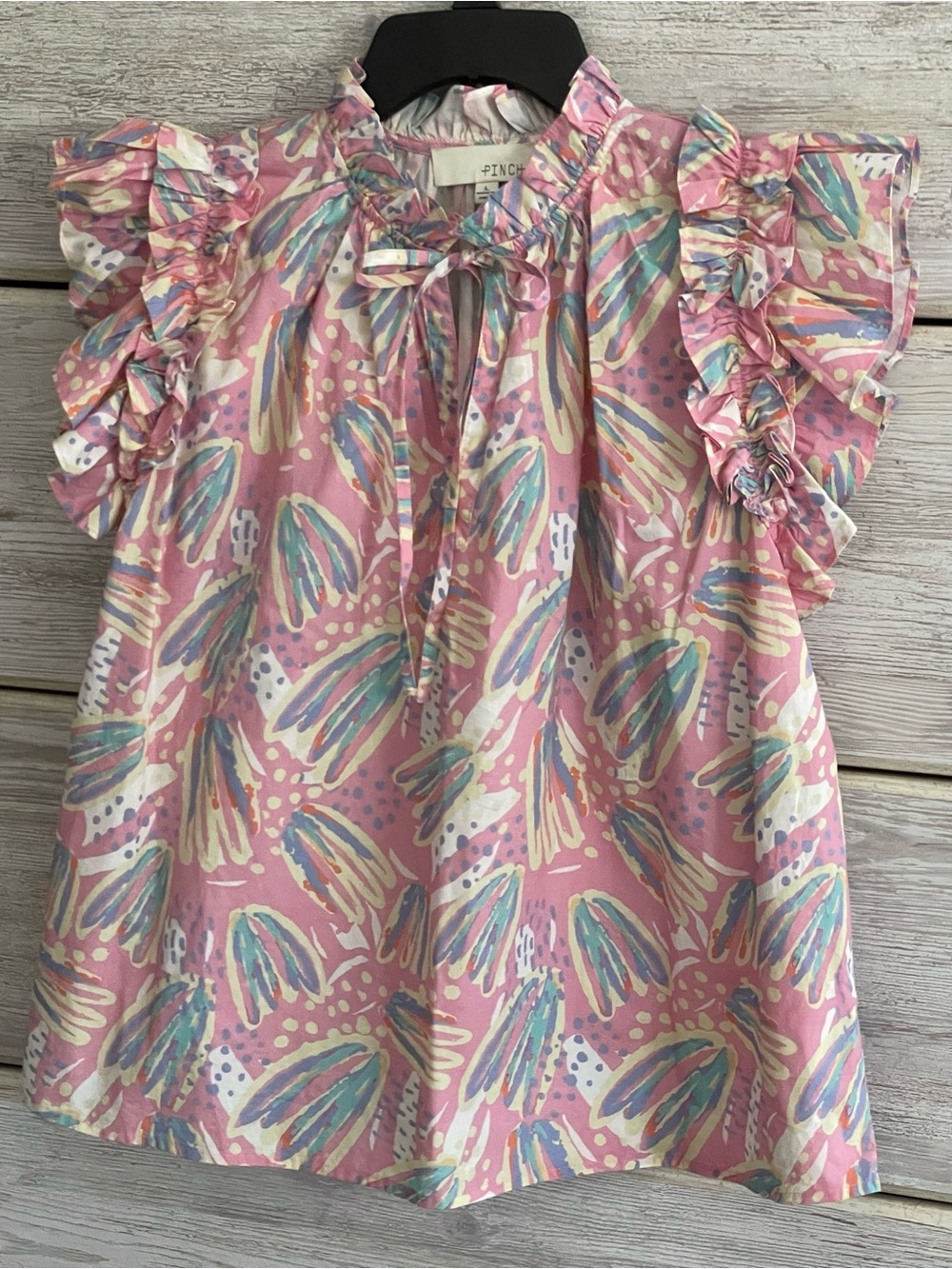 PINCH Ruffle Short Sleeve Shoulder Tie Top Size L Pink Floral